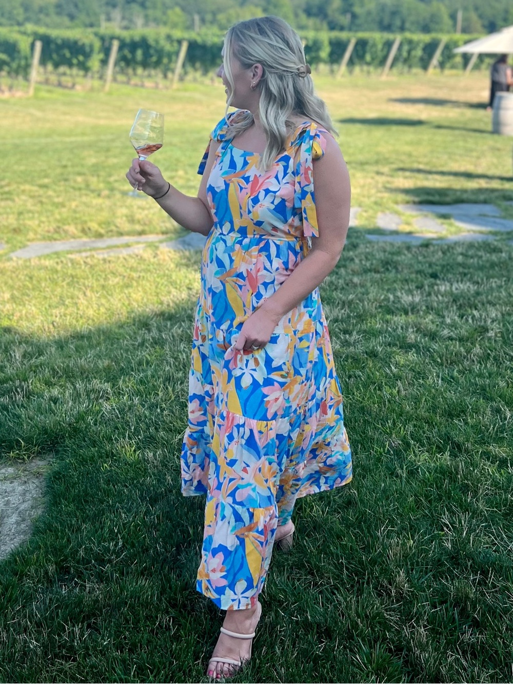 Floral Blue Maxi Dress with Pink & Yellow Accents